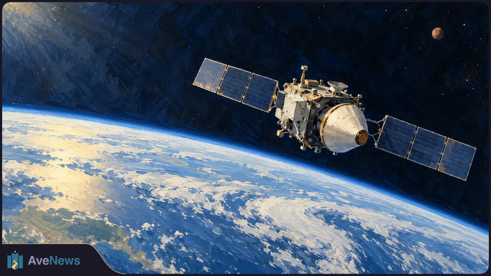 Painterly illustration of a spacecraft with solar panels above Earth's curved, cloud-covered horizon, with a small reddish planet in the dark sky. SI illustration