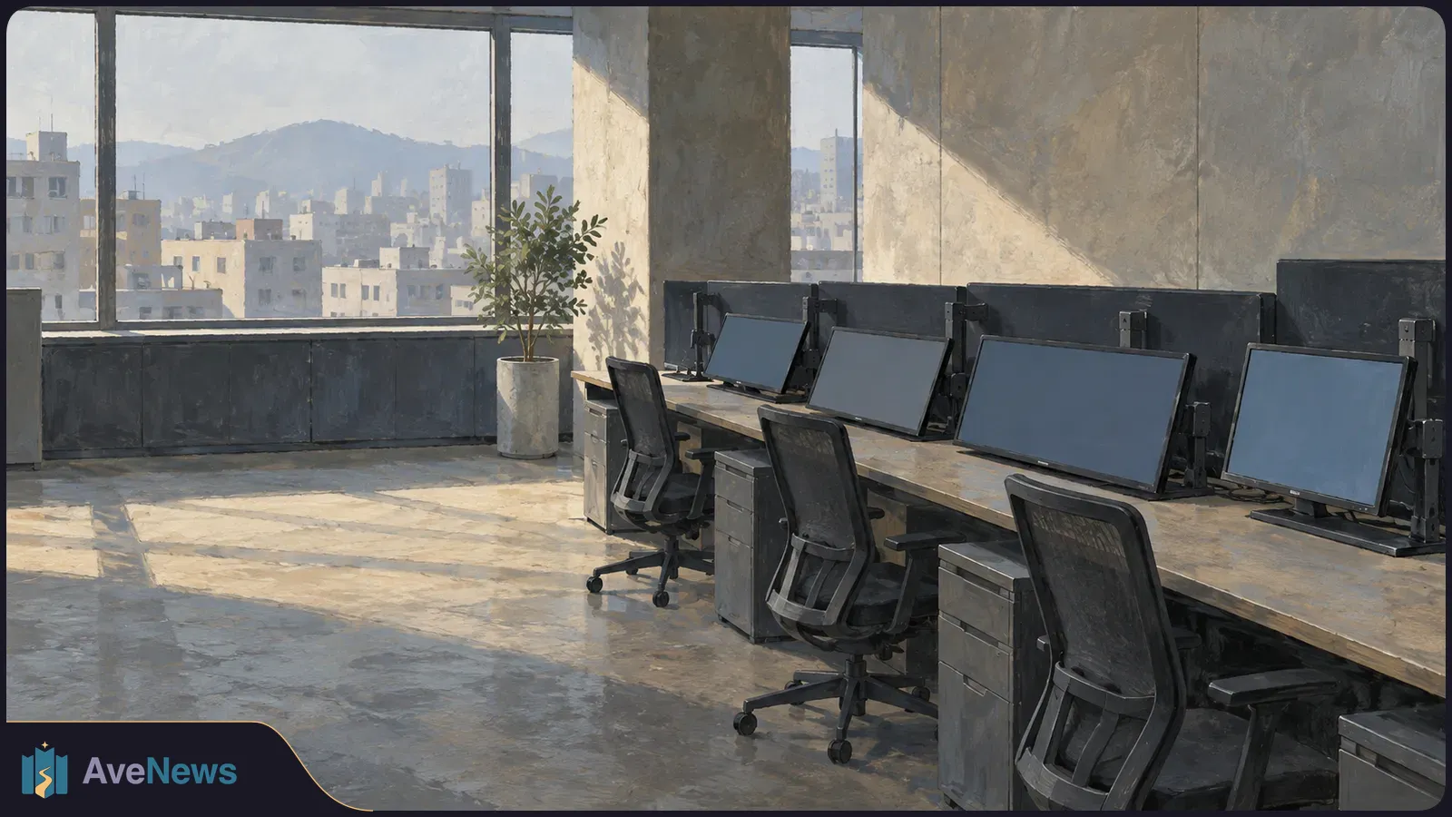An empty office with blank computer monitors and rolling chairs beside large windows overlooking a city and distant hills. SI illustration