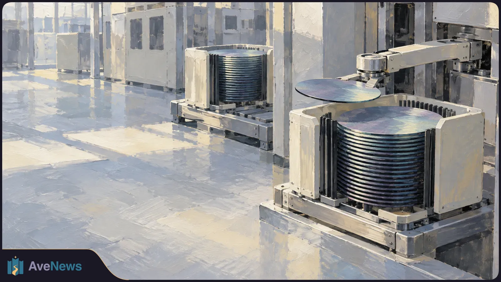 Painterly illustration of a robotic arm lifting a silicon wafer above a stack of wafers in a bright, unbranded chipmaking facility. SI illustration