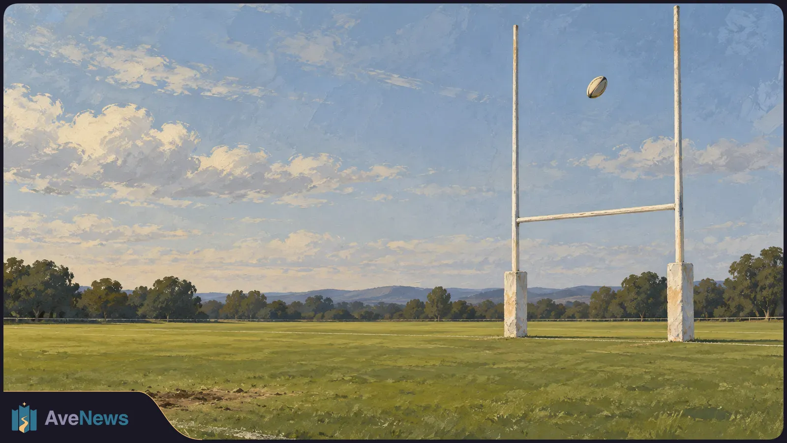 A painted rugby ball sails between tall goalposts above an empty grassy field, with trees and distant hills beneath a cloudy sky. SI illustration
