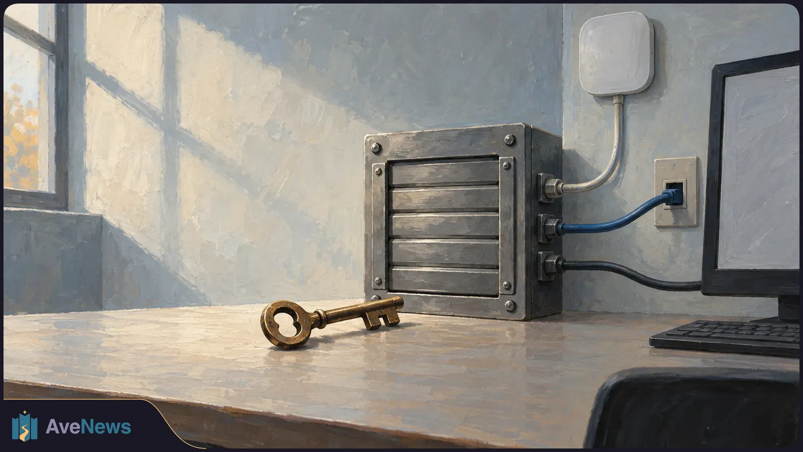 Painterly illustration of a brass key on a desk beside a gray network box with cables leading to a wall socket and a blank monitor. SI illustration