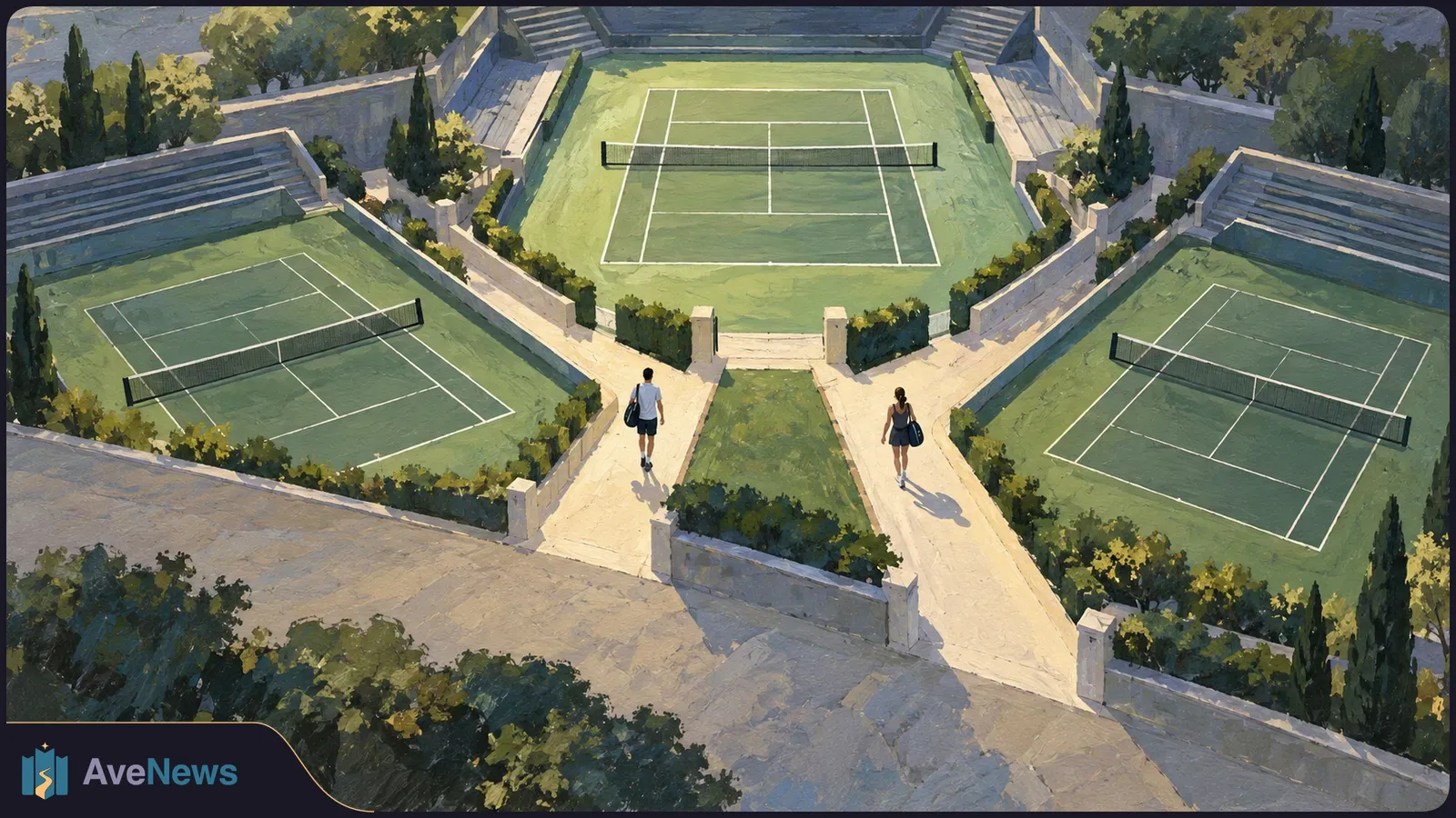 Painterly aerial view of three green tennis courts with nets and stepped seating. Two people carrying bags walk along separate paths toward the central court. SI illustration