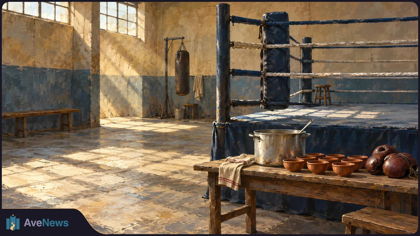 A painted, sunlit boxing gym with an empty ring and punching bag; a pot, bowls and boxing gloves sit on a wooden table in front. SI illustration
