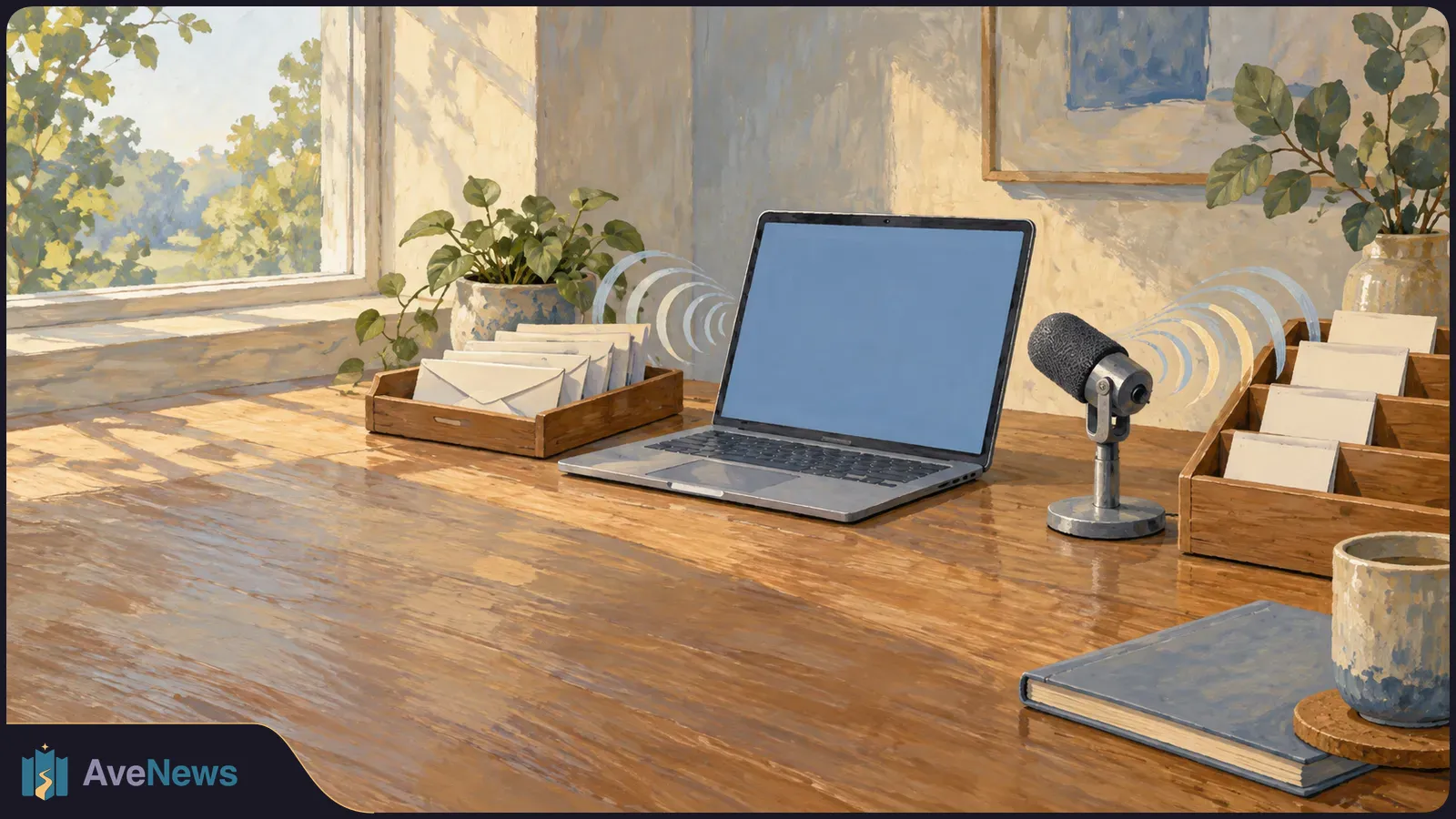 Painted sunlit desk with a blank-screen laptop, tabletop microphone, trays of envelopes, a notebook and cup; pale curved lines suggest sound waves. SI illustration