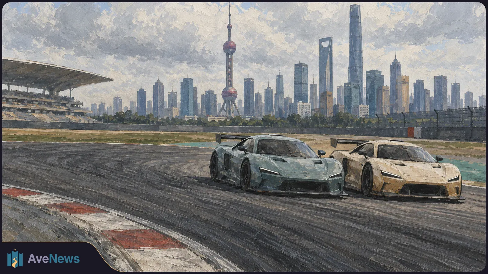 Painterly illustration of two winged race cars side by side on a circuit, with grandstands and Shanghai’s skyline under a cloudy sky. SI illustration