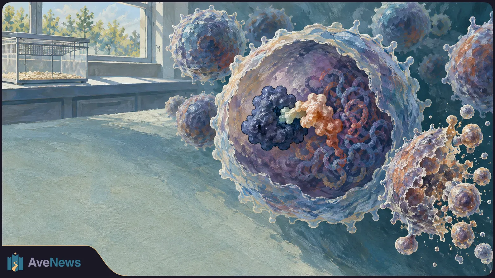 Painterly illustration of a large cutaway cell with colorful clustered structures inside, smaller round cells around it, and a clear bedding-filled cage by a window. SI illustration