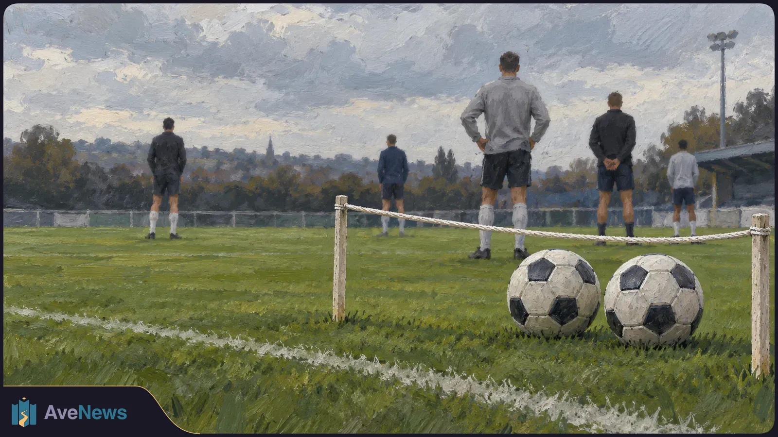 Five figures stand facing away on a grassy football field beneath a cloudy sky. Two footballs rest beside a rope barrier in the foreground. SI illustration