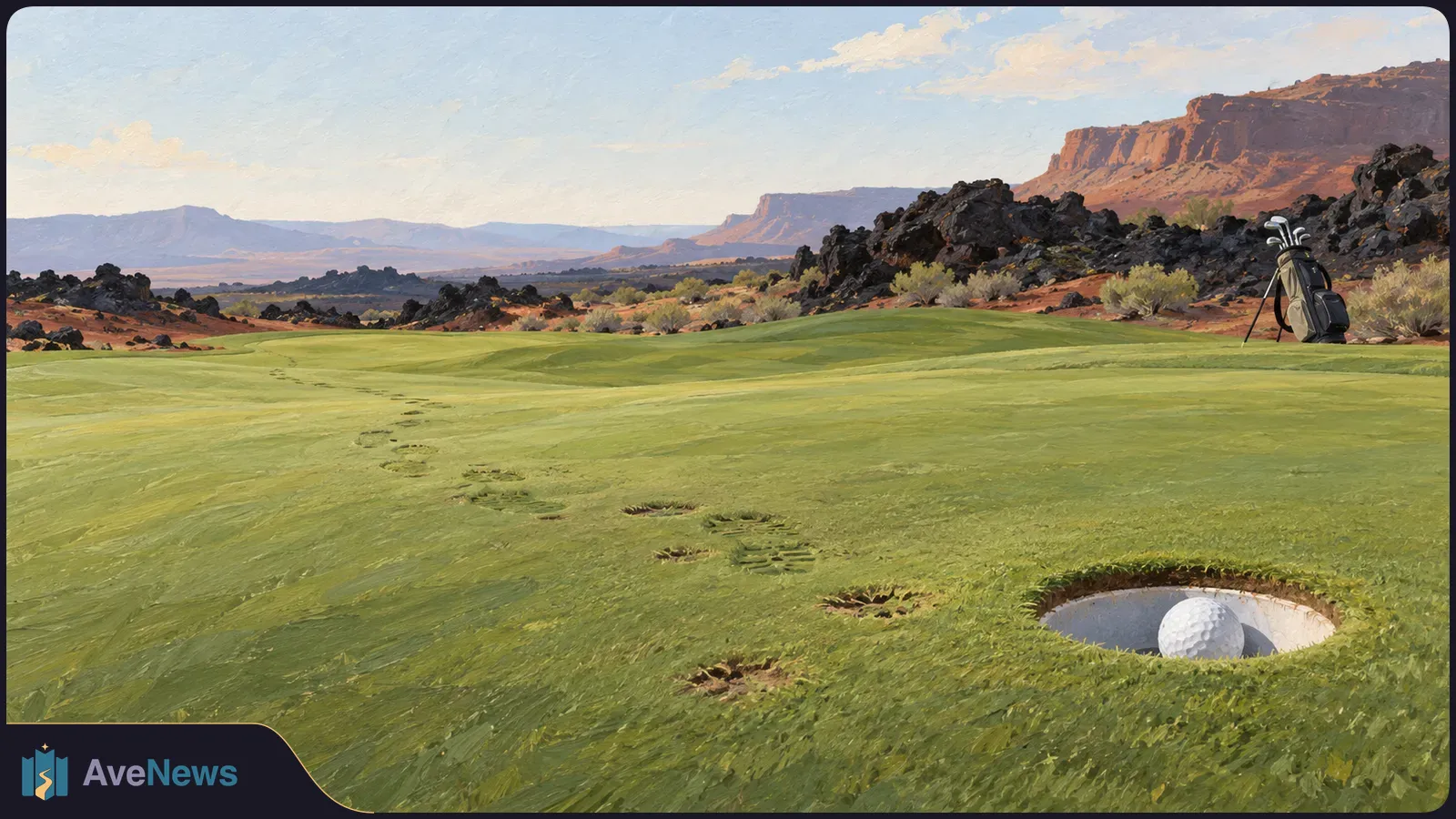 Painted desert golf course with a ball in the cup, a trail of divots across the green, and a golf bag beside dark rocks below red mesas. SI illustration