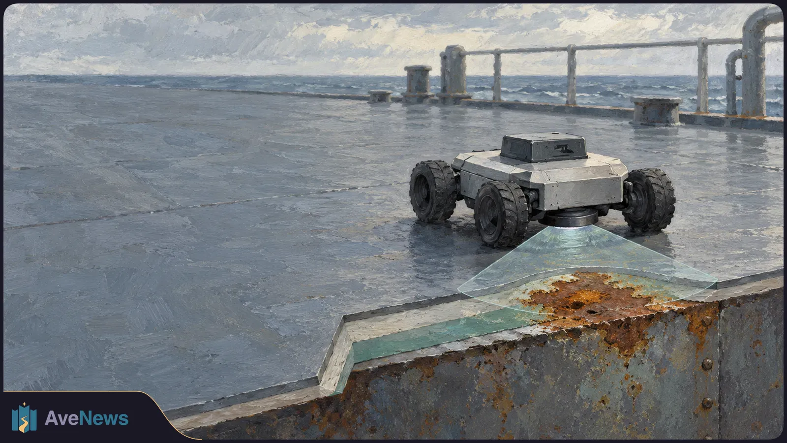 Painterly illustration of a four-wheeled robot on a ship deck, projecting a translucent beam onto a rusted cutaway section, with railings and the sea behind it. SI illustration