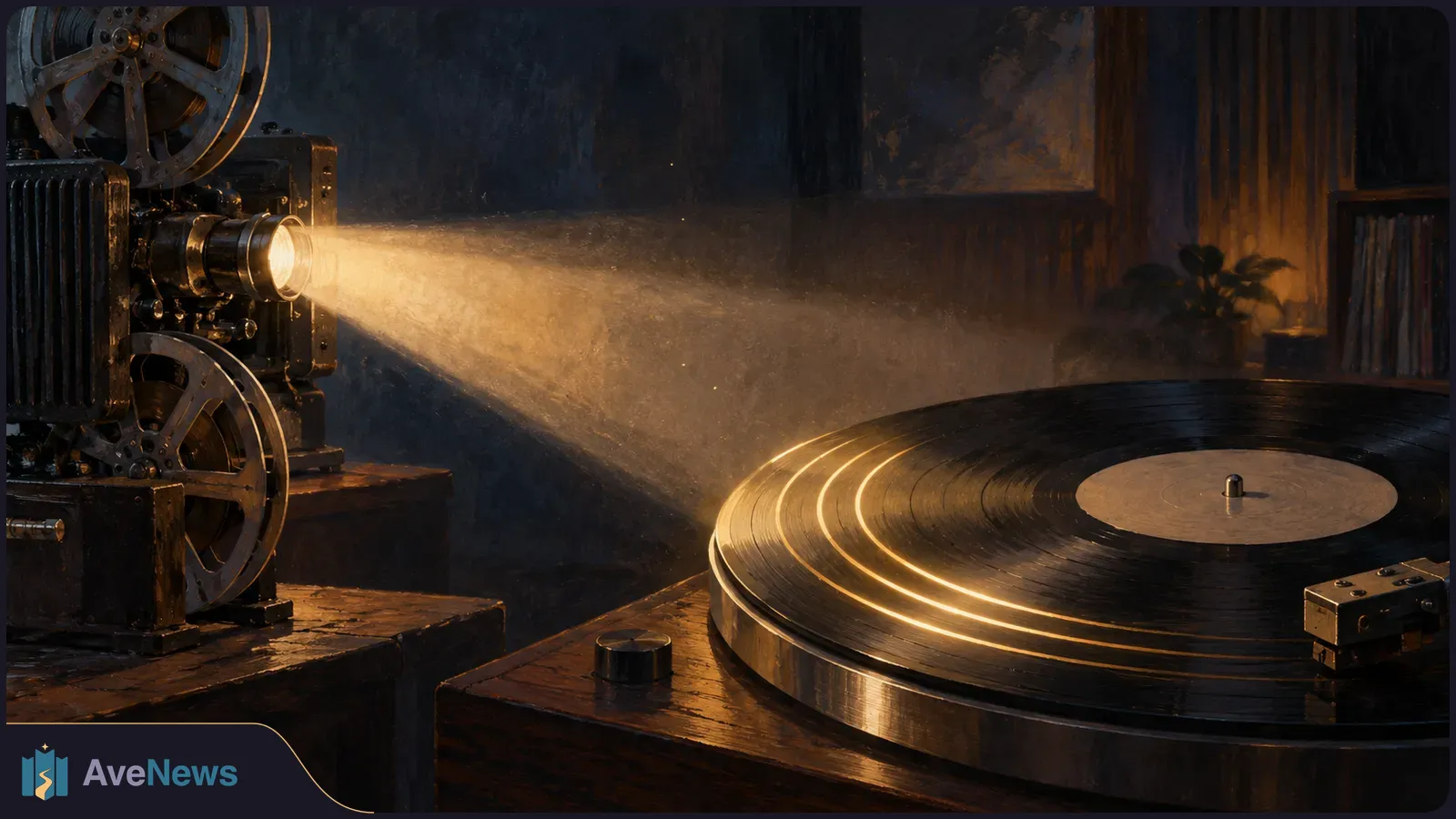 A vintage film projector casts a warm beam across a large vinyl record on a turntable in a dim room. SI illustration