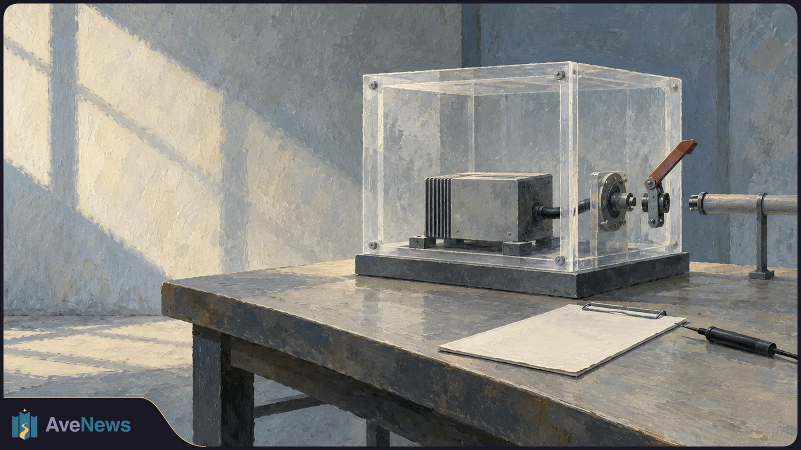 Painted laboratory scene: a small machine sits inside a clear enclosure on a workbench, with a lever, a blank clipboard and a screwdriver nearby. SI illustration
