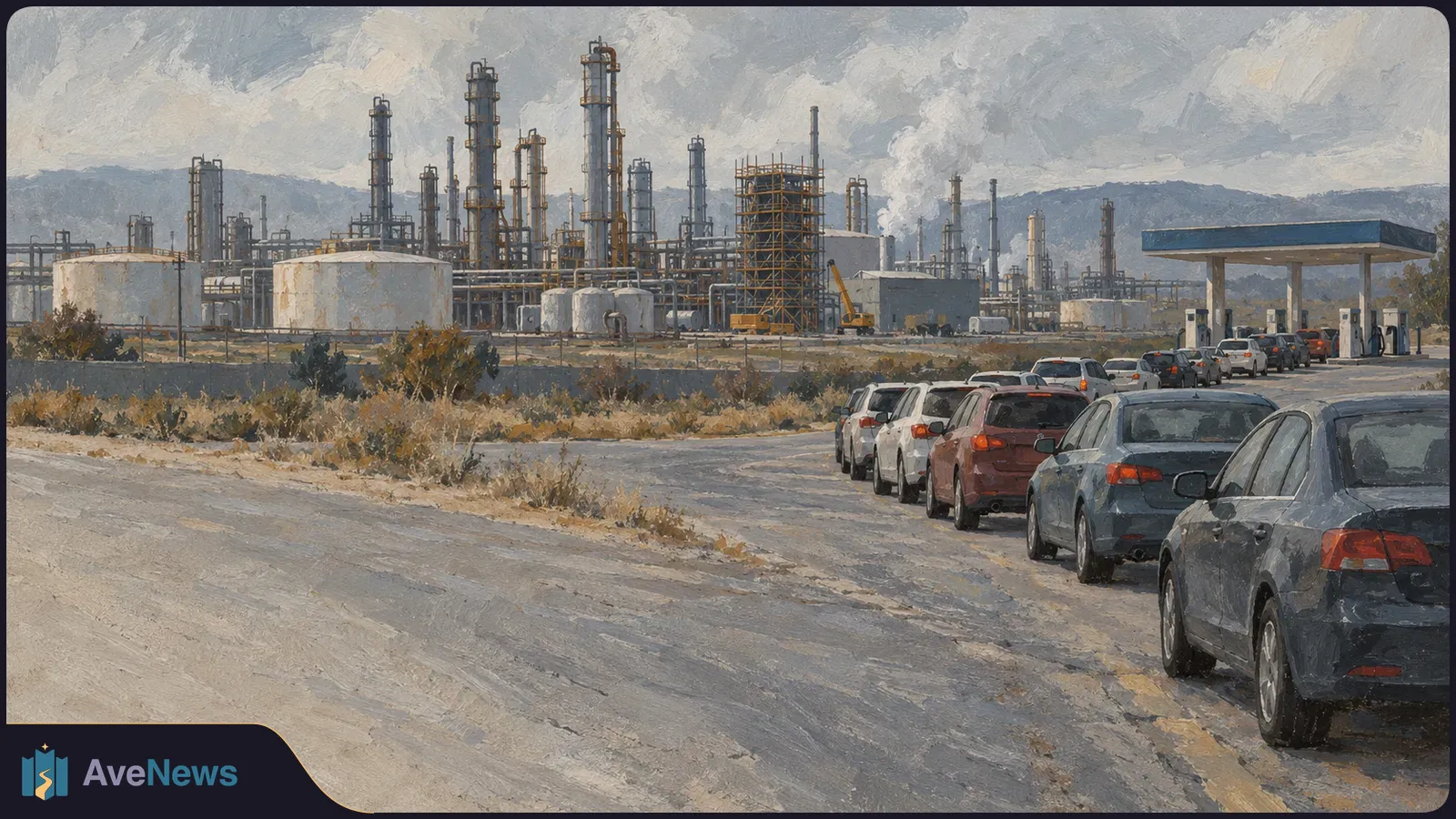A painted scene of cars queued toward fuel pumps, with refinery towers, tanks and pipes in the background under a cloudy sky. SI illustration