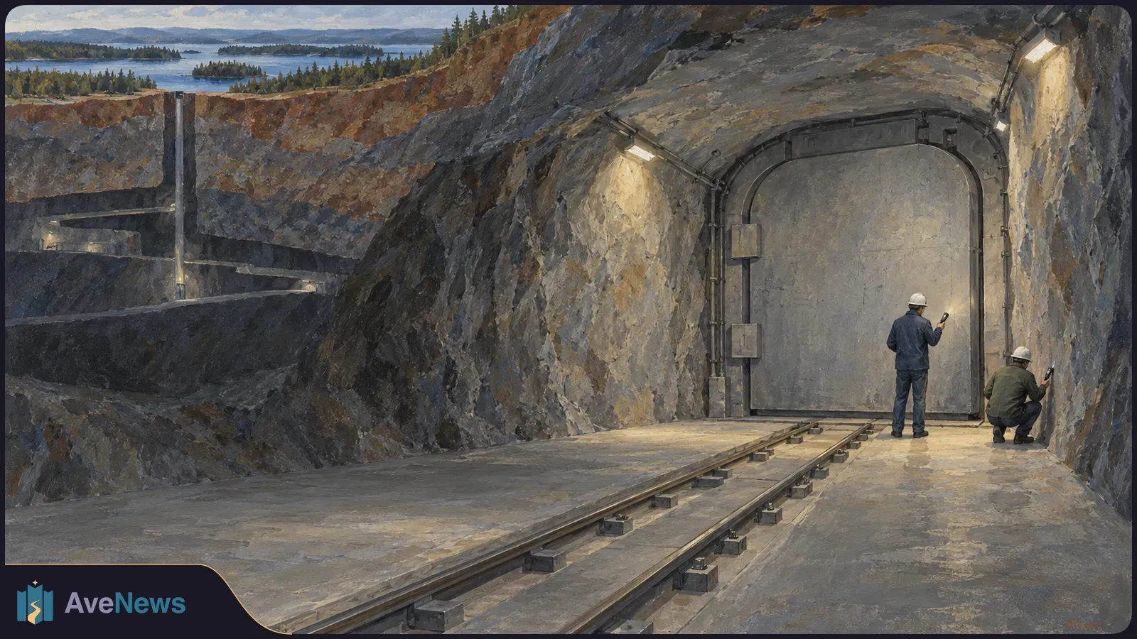 Illustration of two hard-hatted workers examining rock beside a large closed underground door. Rails lead toward it, with a lake and forest visible above the excavation. SI illustration