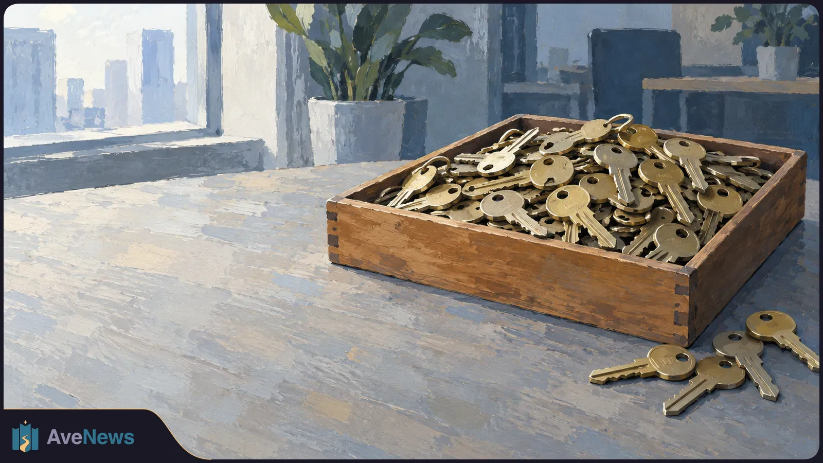 A painted scene of a wooden tray overflowing with brass keys on a desk, with a few keys beside it, potted plants and a city view through a window. SI illustration