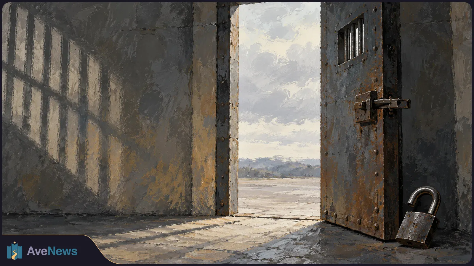 Painterly illustration of an empty room with barred-window shadows, an open metal door, and an open padlock on the floor. Daylight shows through the doorway. SI illustration