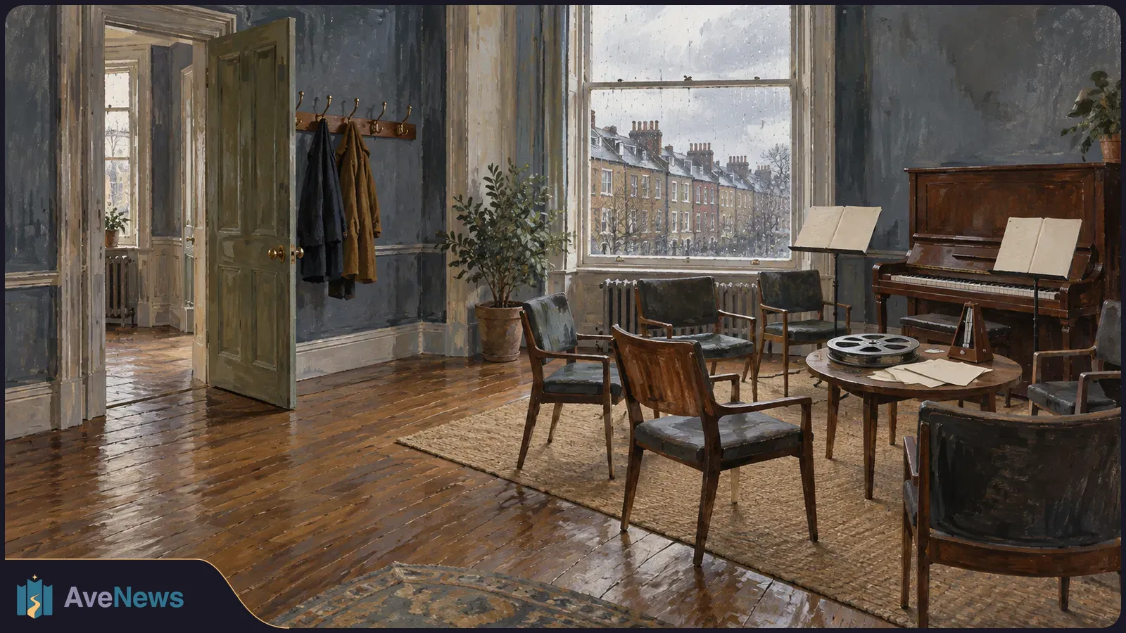 Painted room with chairs around a table holding a film reel and papers, an upright piano with open sheets, and terraced houses visible through the window. SI illustration