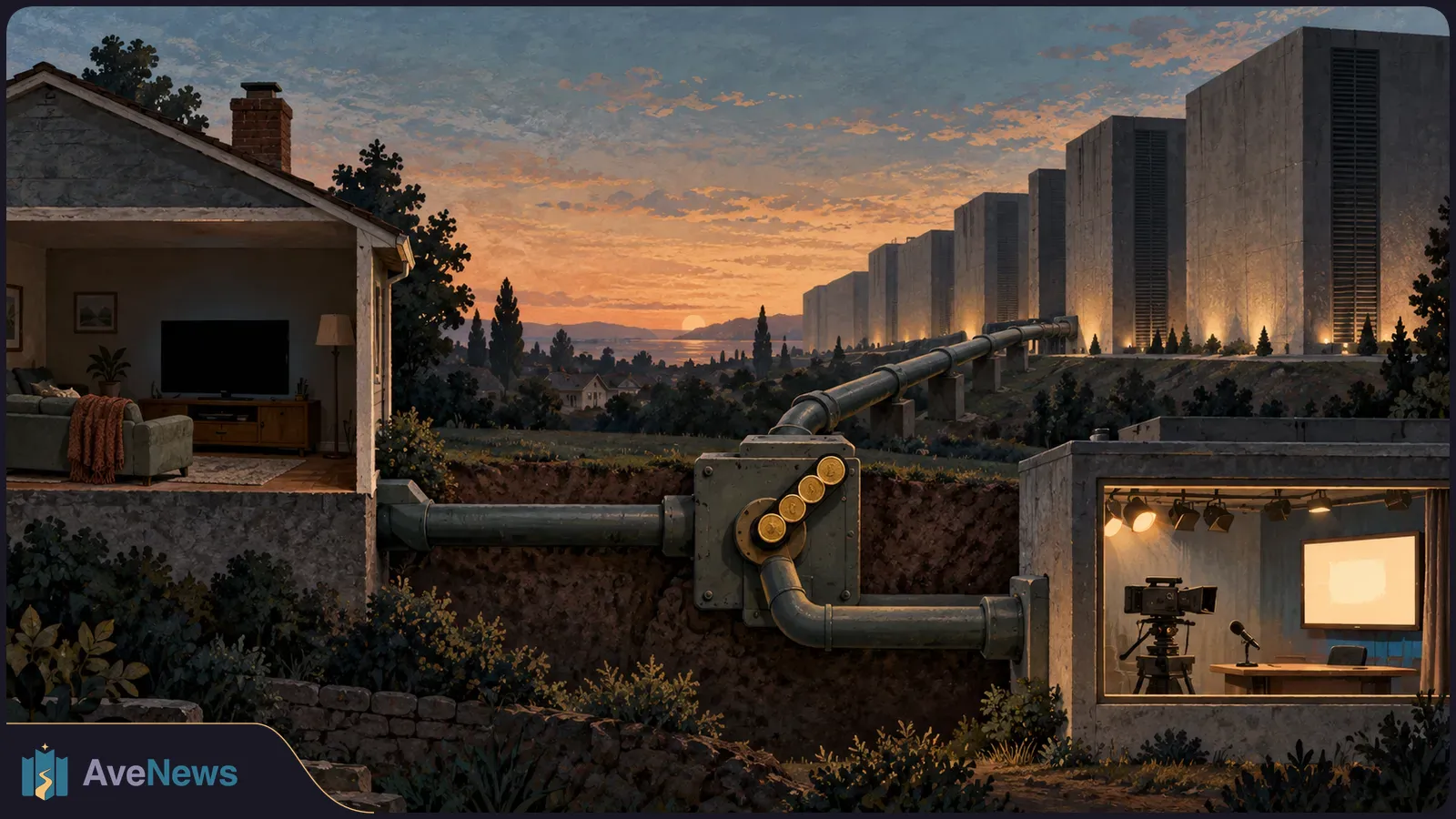 Painted sunset scene with a dark TV in an open-sided house, large pipes crossing the ground, a lit broadcast studio, and rows of tall buildings behind them. SI illustration