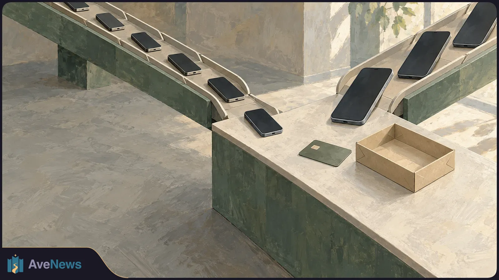 Illustration of black-screen smartphones moving along two conveyor belts toward a counter with a payment card and an empty cardboard box. SI illustration