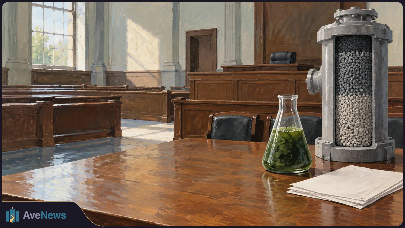 A painted courtroom scene with a flask of green algae, a tall metal cylinder filled with gray pellets, and blank papers on a wooden table. SI illustration