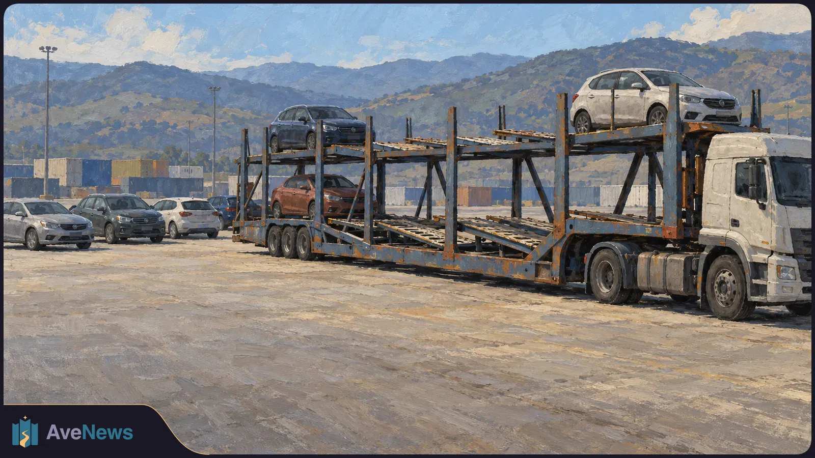 Painted scene of a car transporter carrying three cars in a paved lot, with parked cars, shipping containers and mountains behind it. SI illustration
