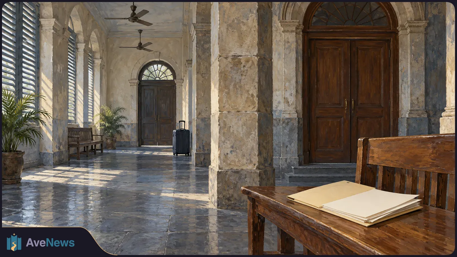 A sunlit arched corridor with wooden doors, benches and potted plants. A wheeled suitcase stands near a doorway, and blank papers lie on a foreground table. SI illustration