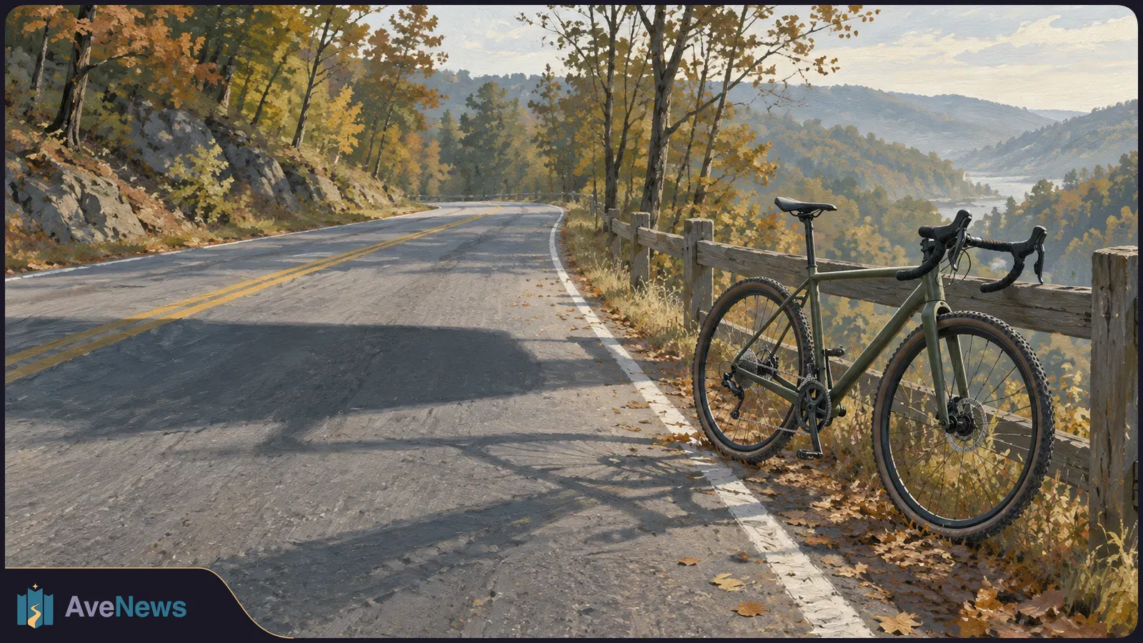 An olive-green bicycle stands by a wooden fence beside a winding road, with autumn trees and hills in the background. SI illustration