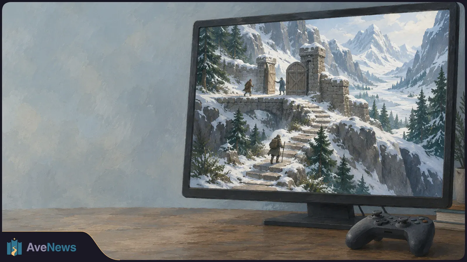A game controller sits before a monitor showing a painted snowy mountain trail, stone gate and three small travelers. SI illustration