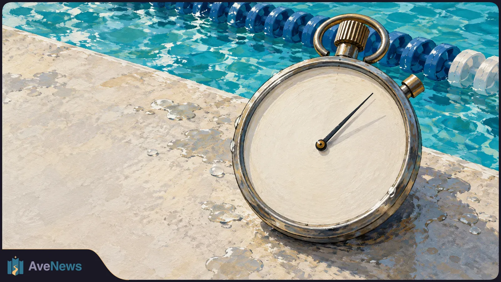 Illustration of a large, blank-faced stopwatch on a wet pool deck beside turquoise water and a blue-and-white lane divider. SI illustration