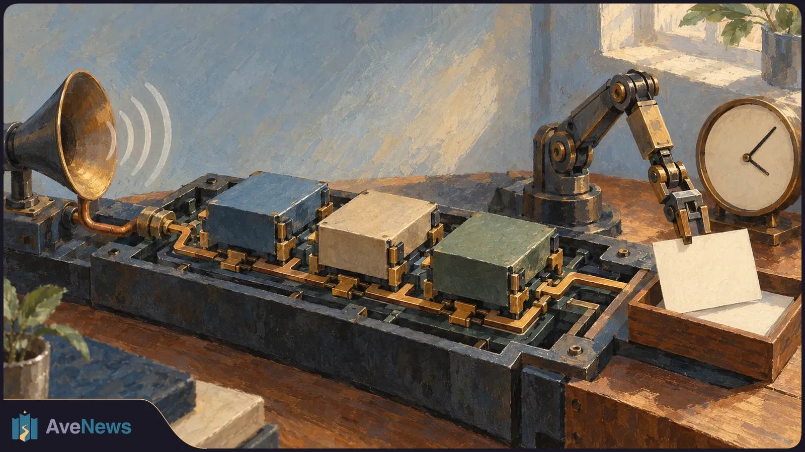 Painterly illustration of three box-like modules on a track, connected by brass lines; a horn emits sound waves, and a robotic arm holds a blank card beside a clock. SI illustration