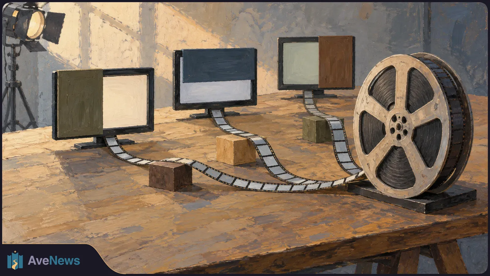 Painted illustration of a large film reel and a strip of film winding across a table to three partly covered, blank monitors, with a studio light at left. SI illustration