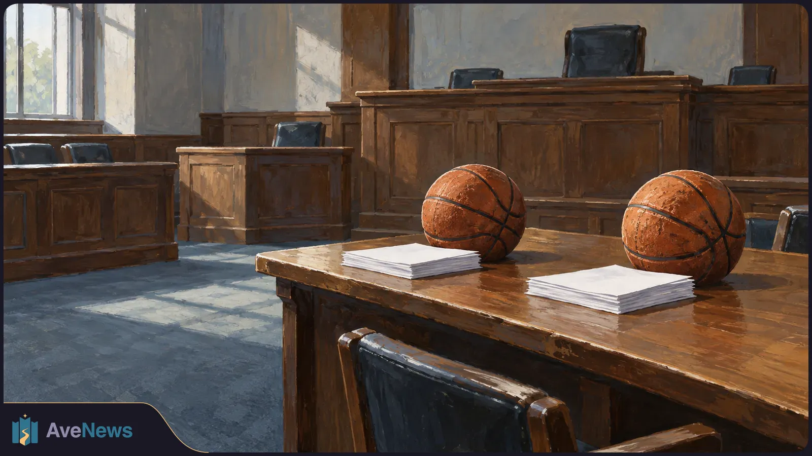 Painterly courtroom with two basketballs and two stacks of blank paper on a wooden table before an empty judge’s bench. SI illustration