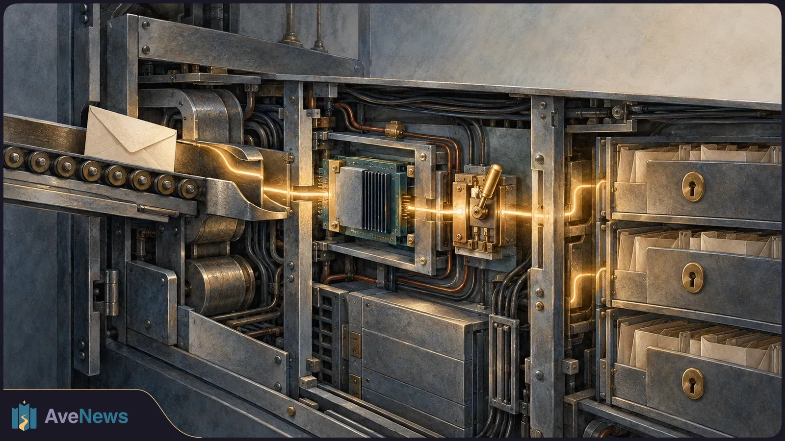 A white envelope sits on a conveyor beside a metal machine with a central chip, a glowing line, and locked drawers filled with mail. SI illustration