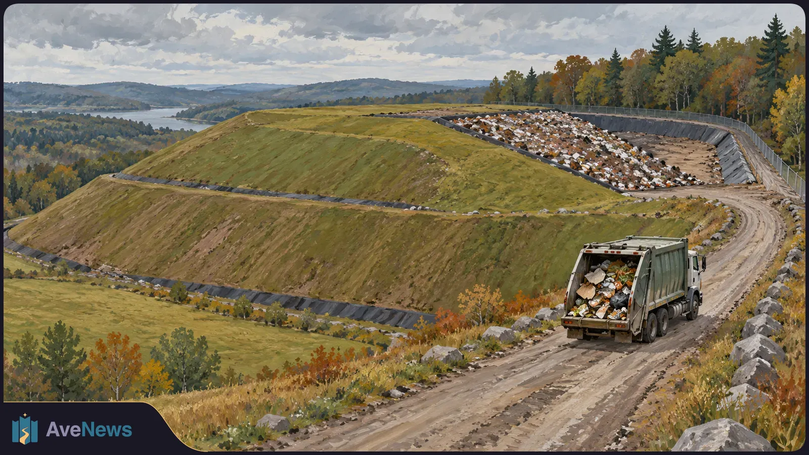 A loaded garbage truck follows a dirt road beside a large grass-covered landfill mound. An open disposal area, autumn woods and a lake are visible beyond. SI illustration