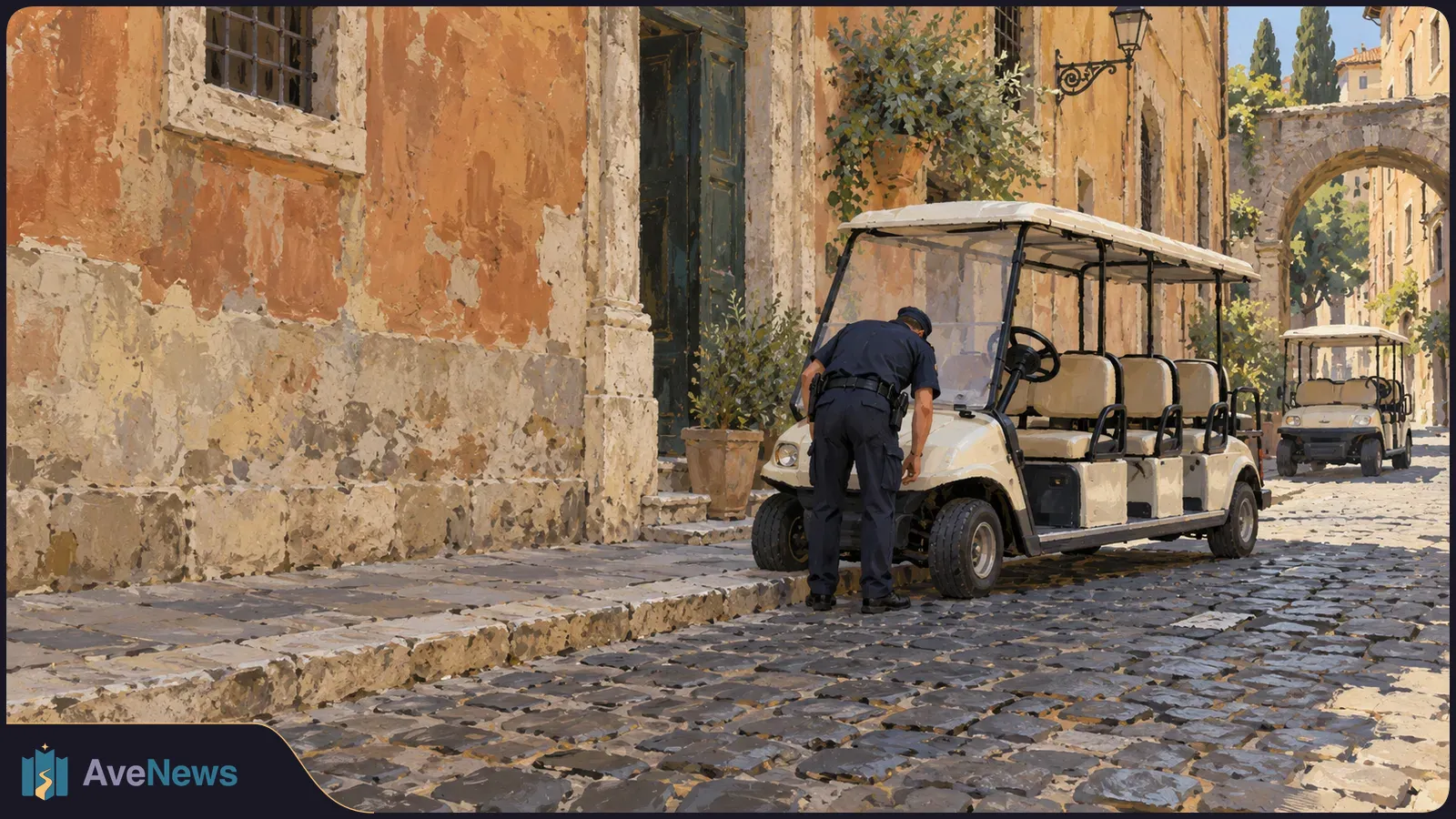 A uniformed officer bends over the front of a tourist golf cart on a cobblestone street; a second cart stands farther down the street. SI illustration