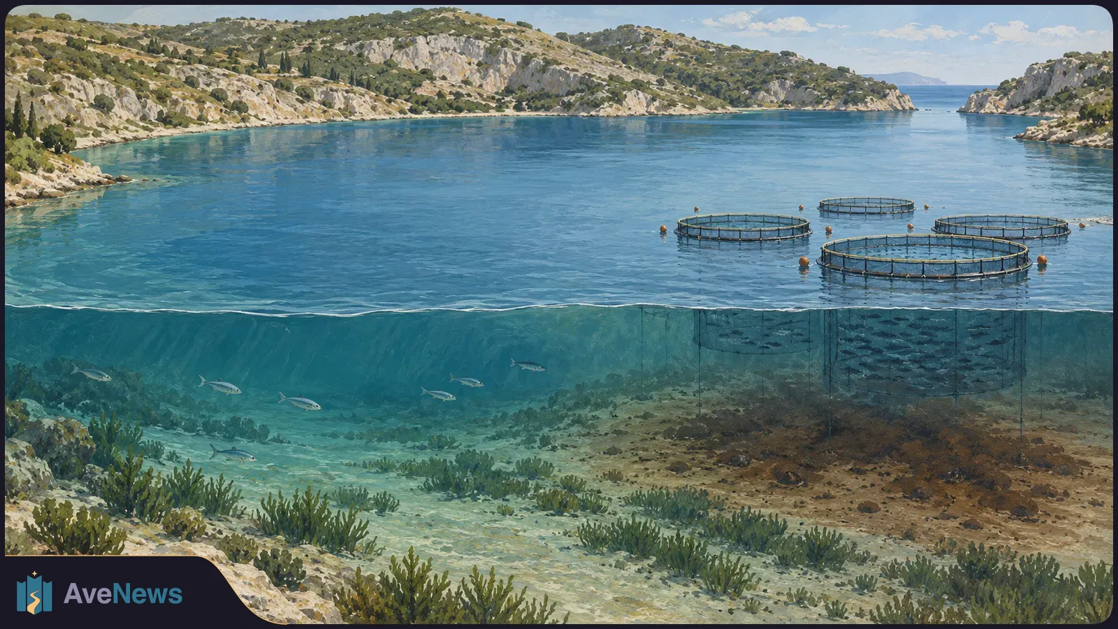 Painted cutaway of a rocky bay with four circular fish-farm pens; fish swim below the surface above seaweed and a dark seabed. SI illustration