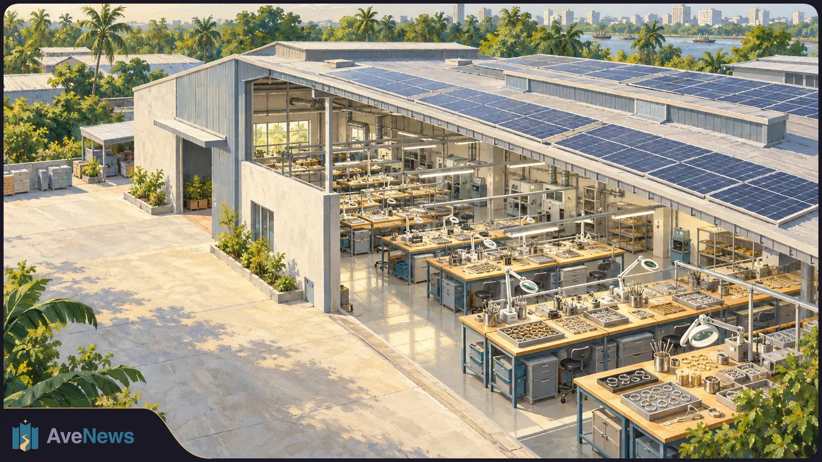 Illustration of a large jewellery workshop with rows of workbenches and ring-shaped pieces, beneath a roof covered in solar panels; trees and a distant skyline surround it. SI illustration