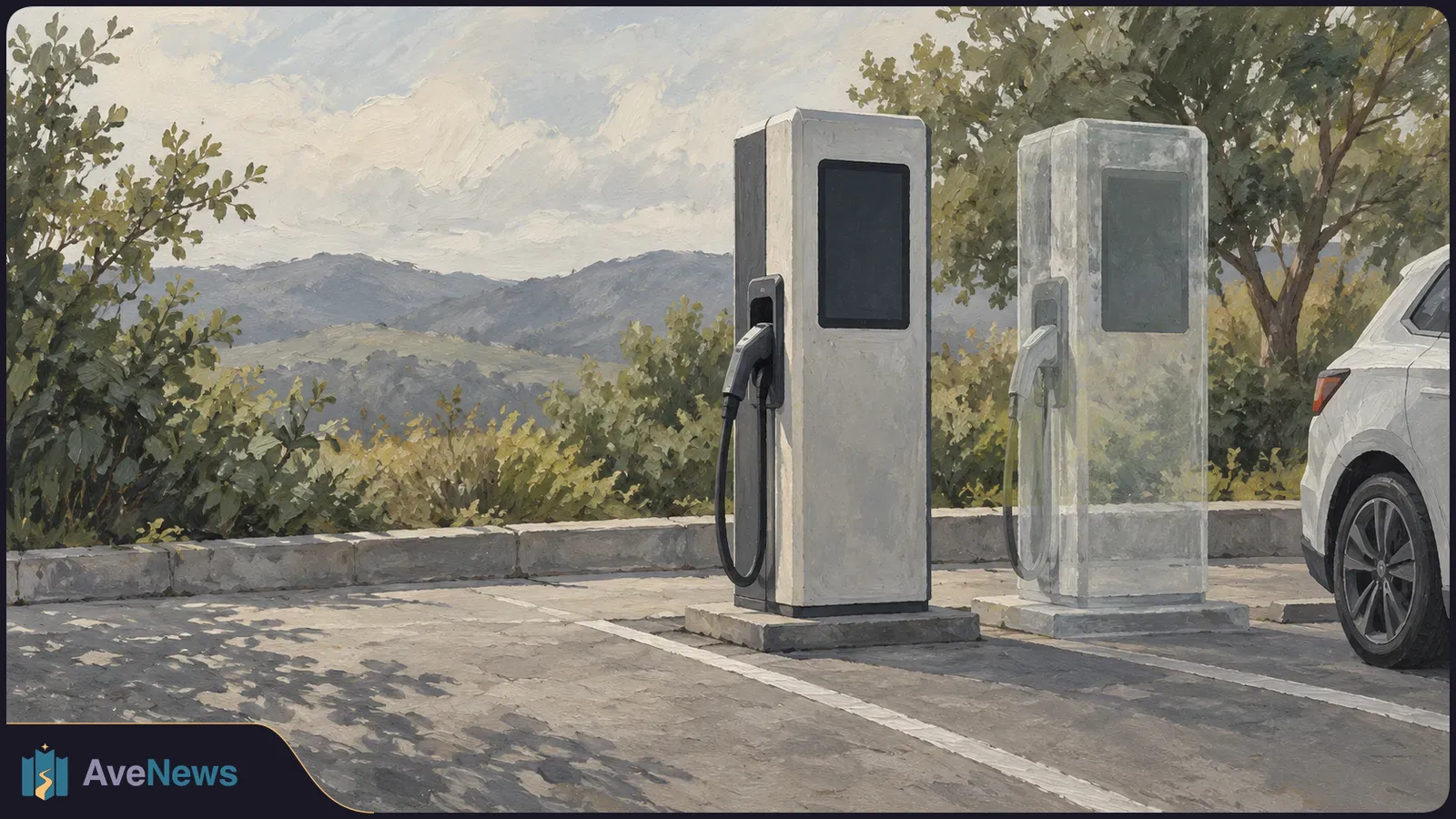 Painterly illustration of two electric-vehicle chargers, one solid and one translucent, beside a partly visible white car in a tree-lined parking area. SI illustration