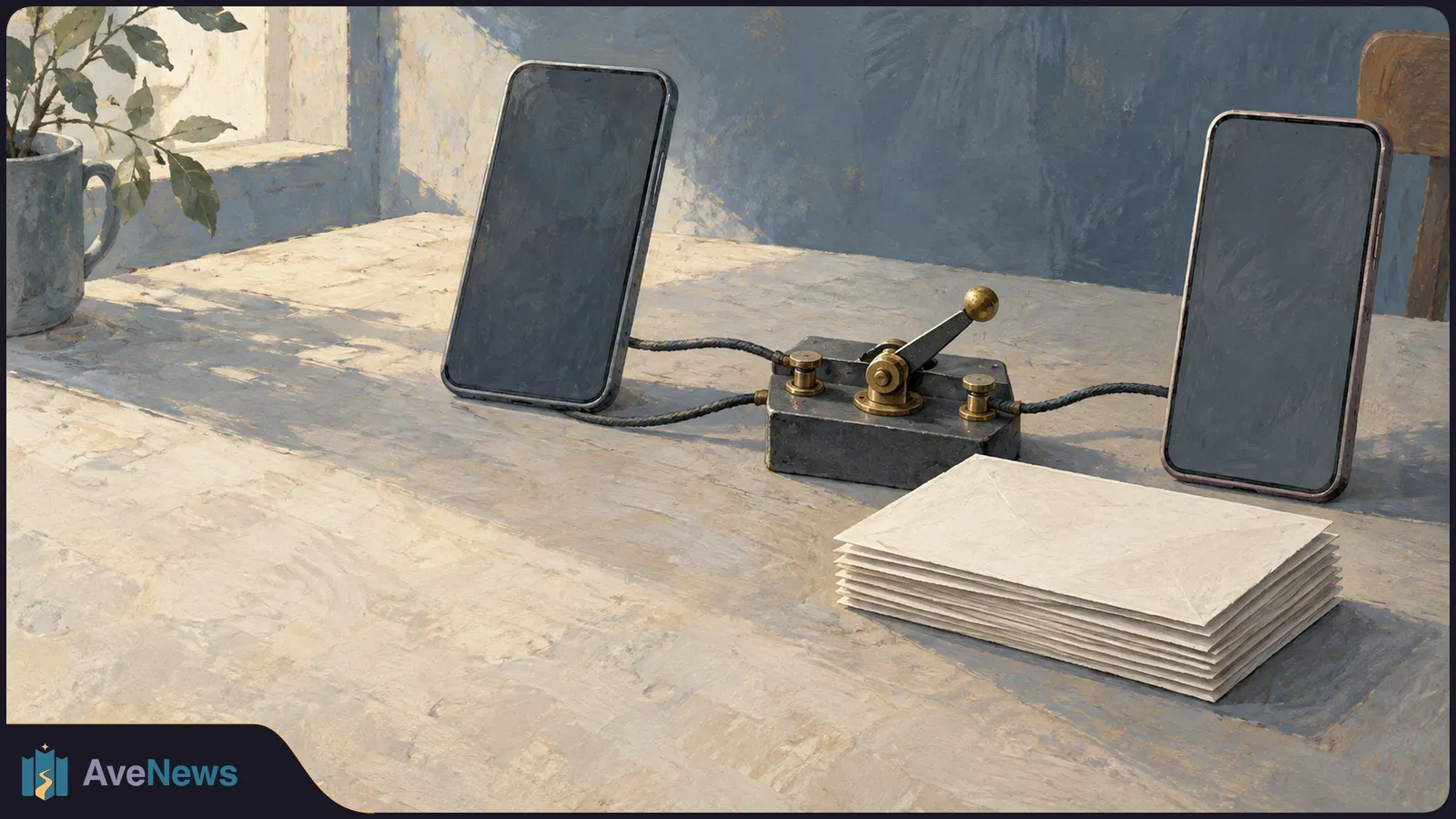 Painterly scene of two blank-screen smartphones connected by cords to a telegraph switch on a table. A stack of envelopes sits in front, with a potted plant at left. SI illustration