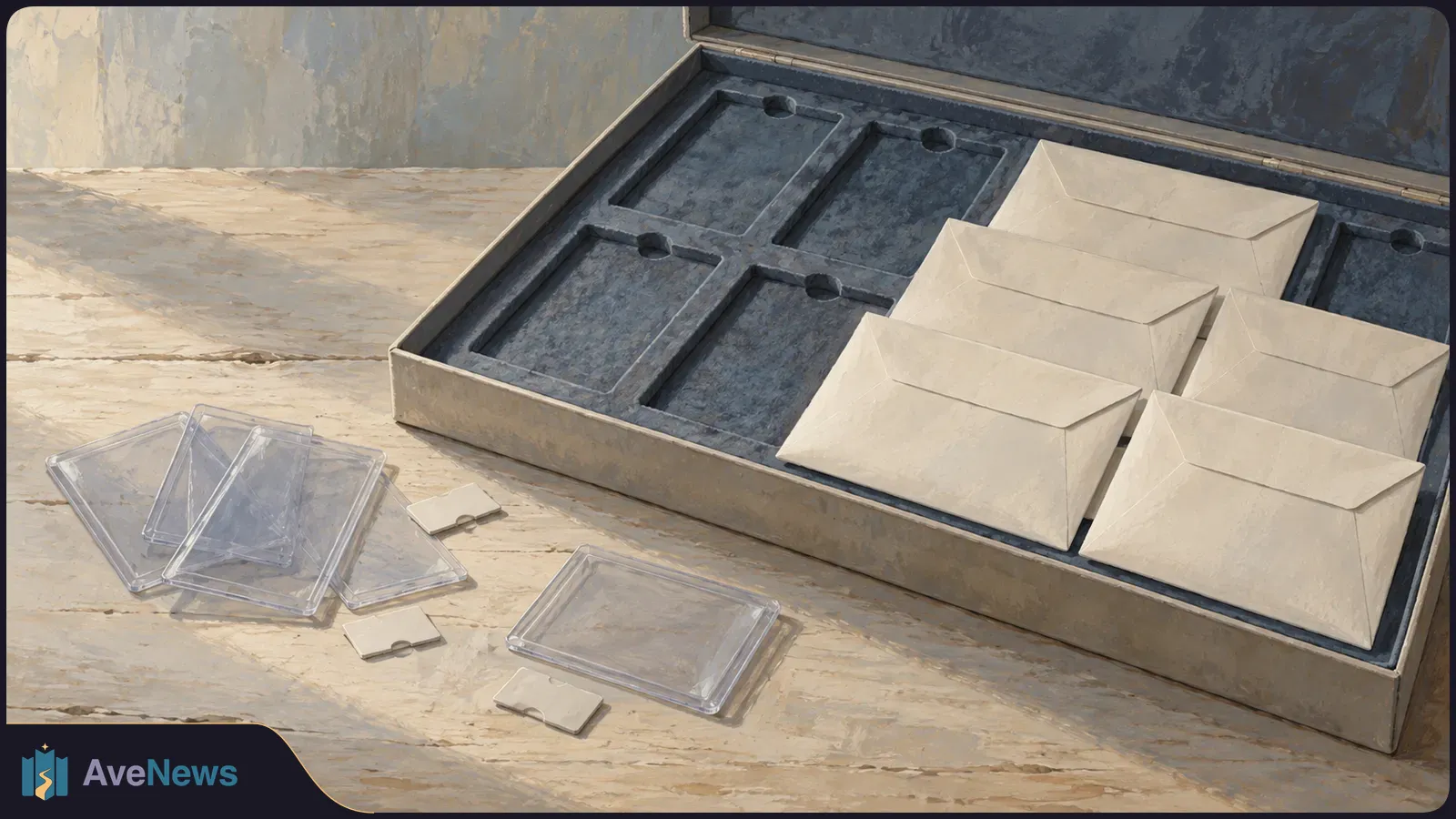 An open compartmented case holds five cream envelopes. Clear rectangular sleeves and small pale tabs lie on the worn tabletop beside it. SI illustration