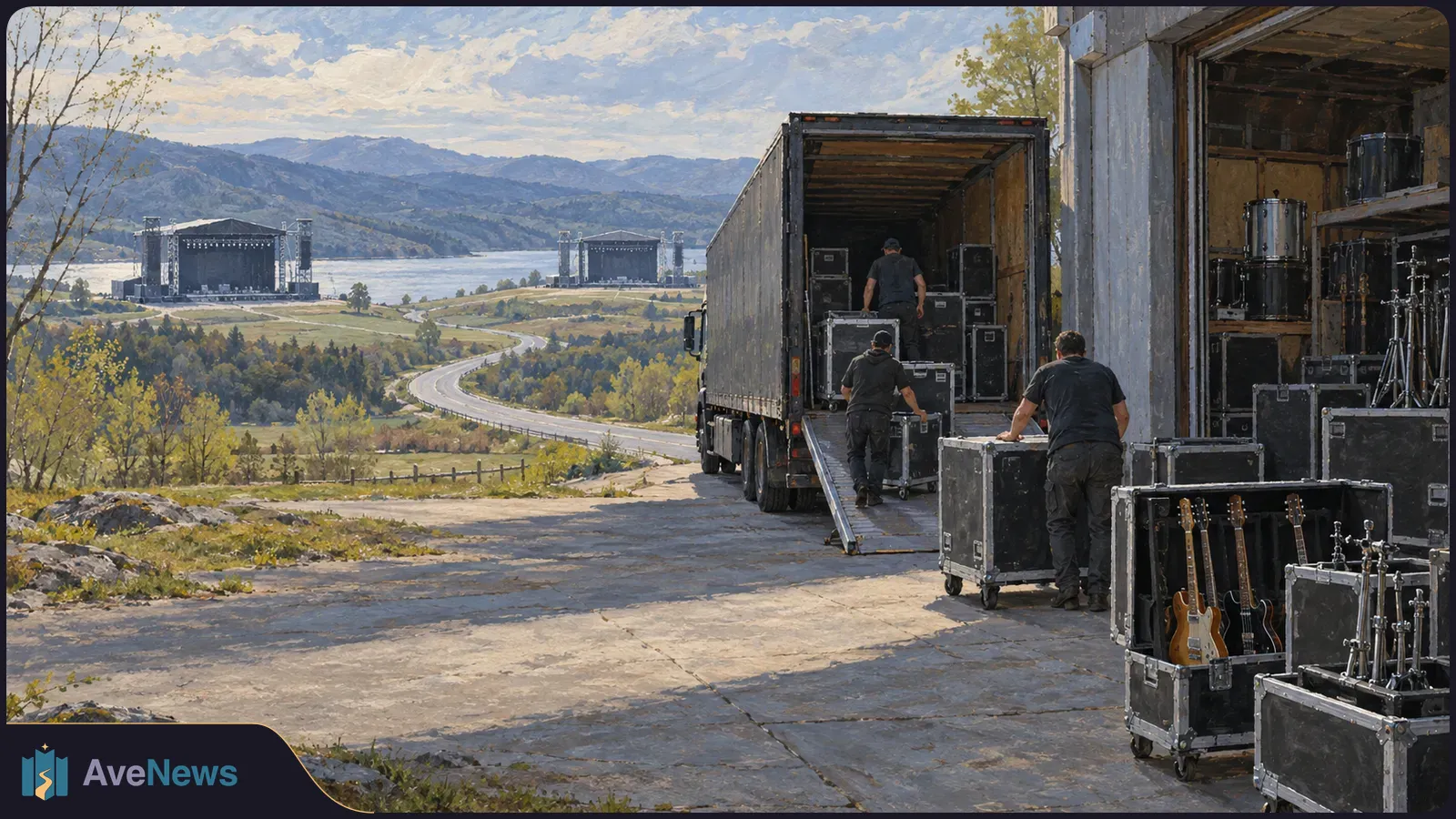 Painted scene of three workers moving equipment cases into a truck beside guitars and drums; two outdoor stages stand in the distant lakeside landscape. SI illustration