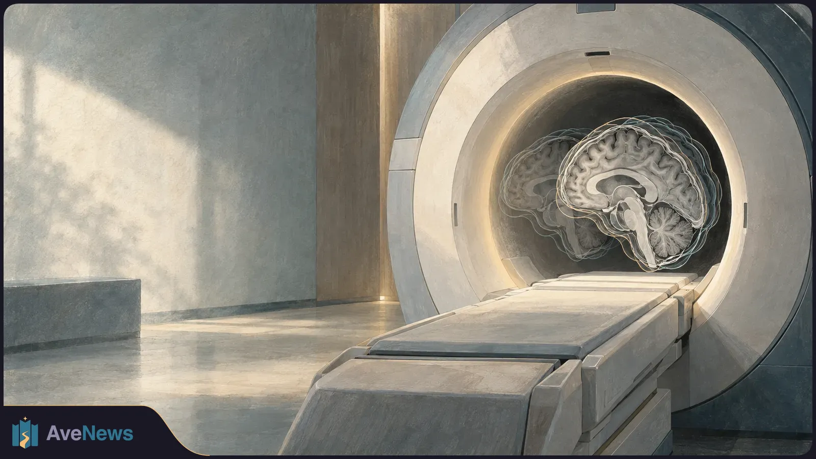 Illustration of an MRI scanner with an empty patient table and a layered, translucent cross-section of a brain inside the opening. SI illustration