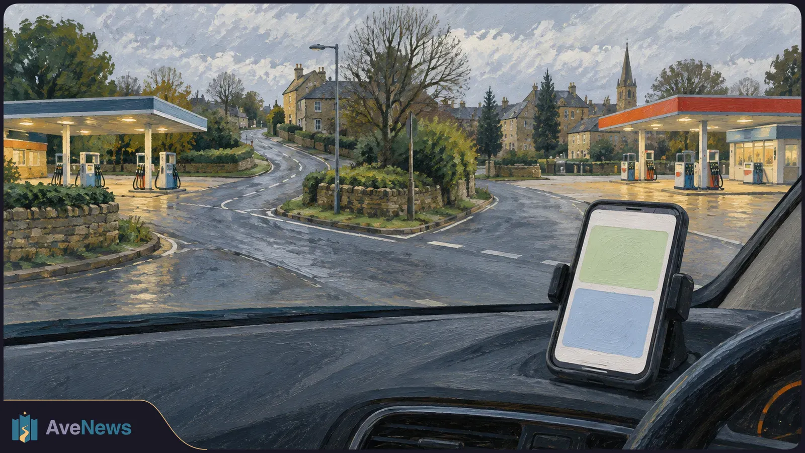A painted view from inside a car shows a dashboard-mounted phone with two blank colored panels, facing a forked road with a fuel station on each side. SI illustration
