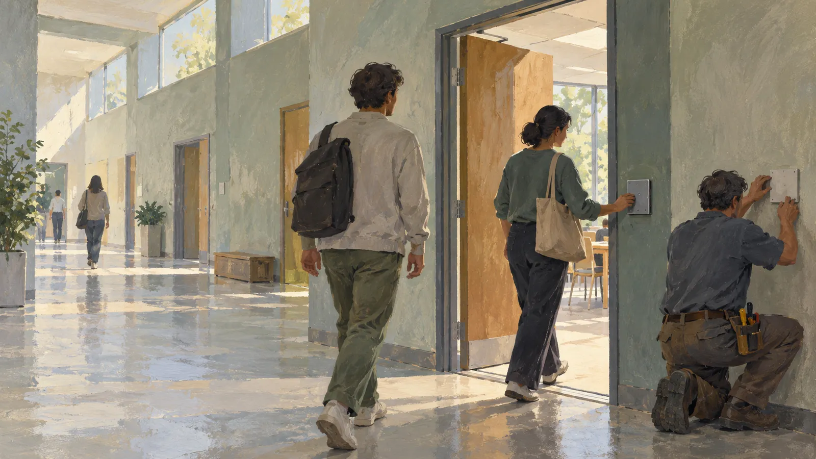 In a sunlit corridor, a person with a backpack approaches an open room while another touches a wall panel and a kneeling worker handles a second panel. SI illustration