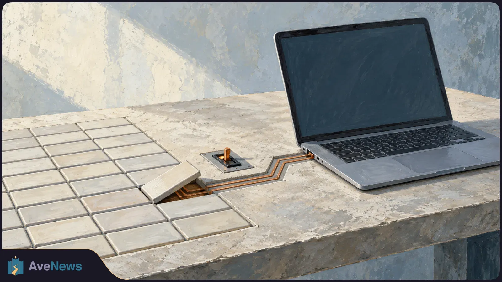 A painted scene of a blank laptop beside a grid of pale, spreadsheet-like tiles. One lifted tile reveals copper traces leading toward the laptop, with a small switch nearby. SI illustration