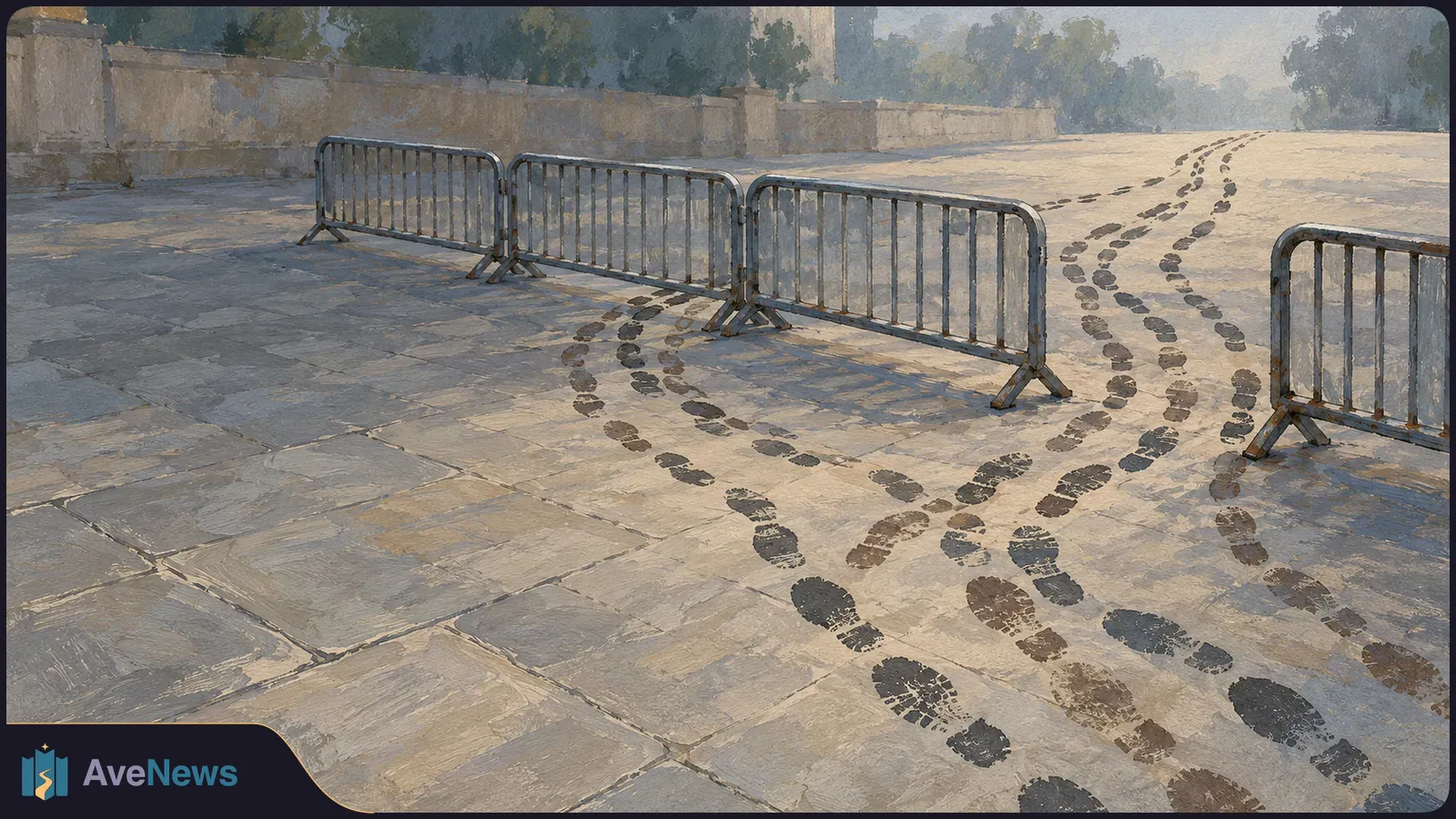 Painted scene of metal barricades across a stone-paved street, with several trails of dark footprints passing around them. A wall and trees line the background. SI illustration
