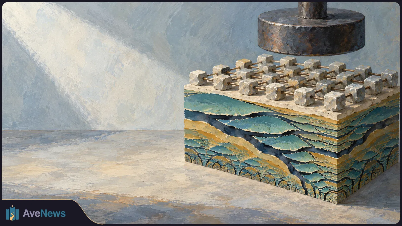 A painted grid of pale blocks linked by rods sits atop blue-and-gold layers with branching dark gaps. A large dark metal cylinder hangs above it. SI illustration