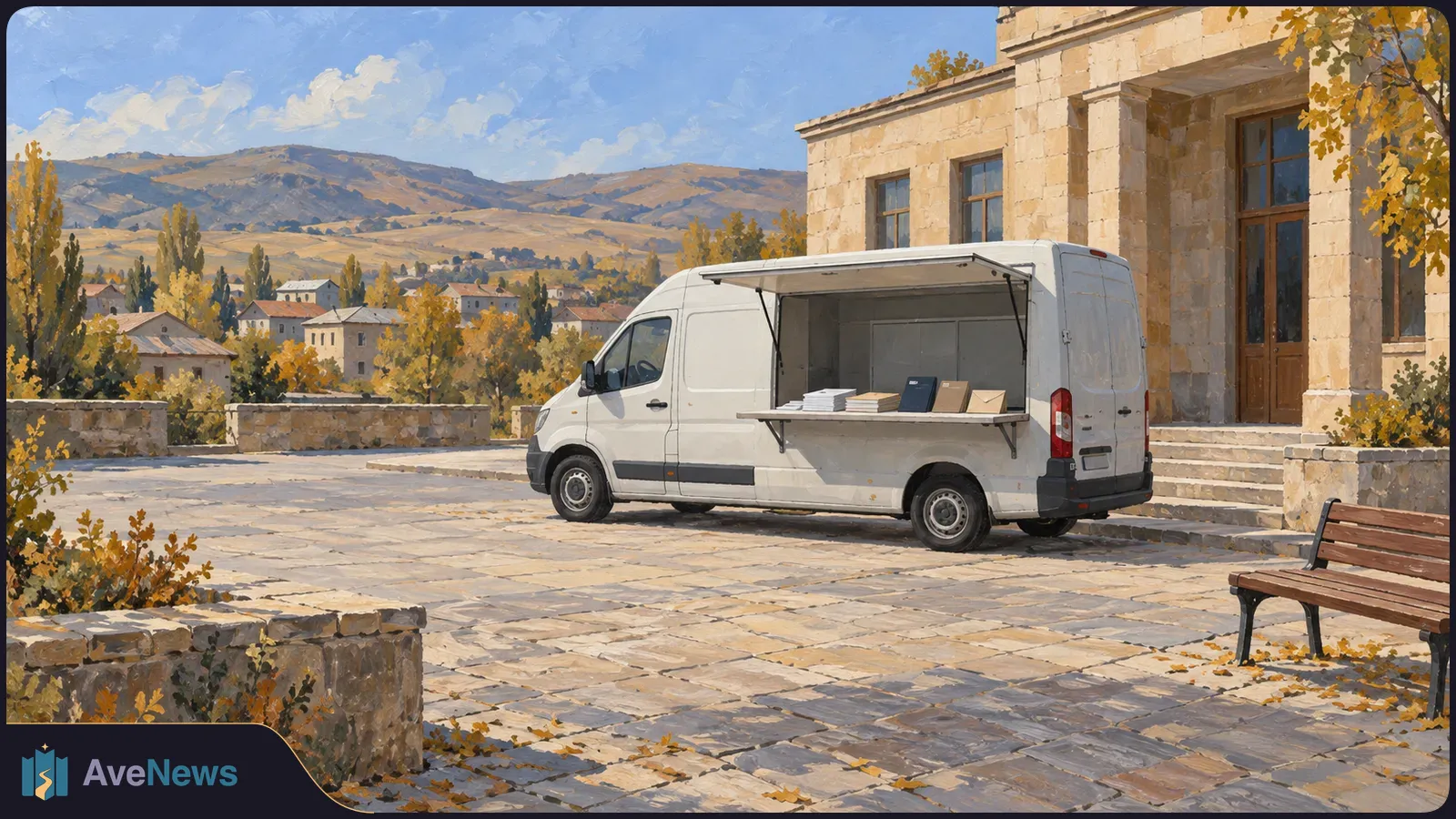 Painted scene of a white van with an open side counter holding papers and booklets, parked beside a stone building in an autumn town square. SI illustration