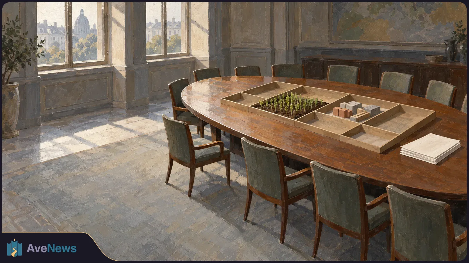 Painterly illustration of an empty meeting room with a long wooden table, chairs, a tray of seedlings and small blocks, and a stack of blank papers by sunlit windows. SI illustration