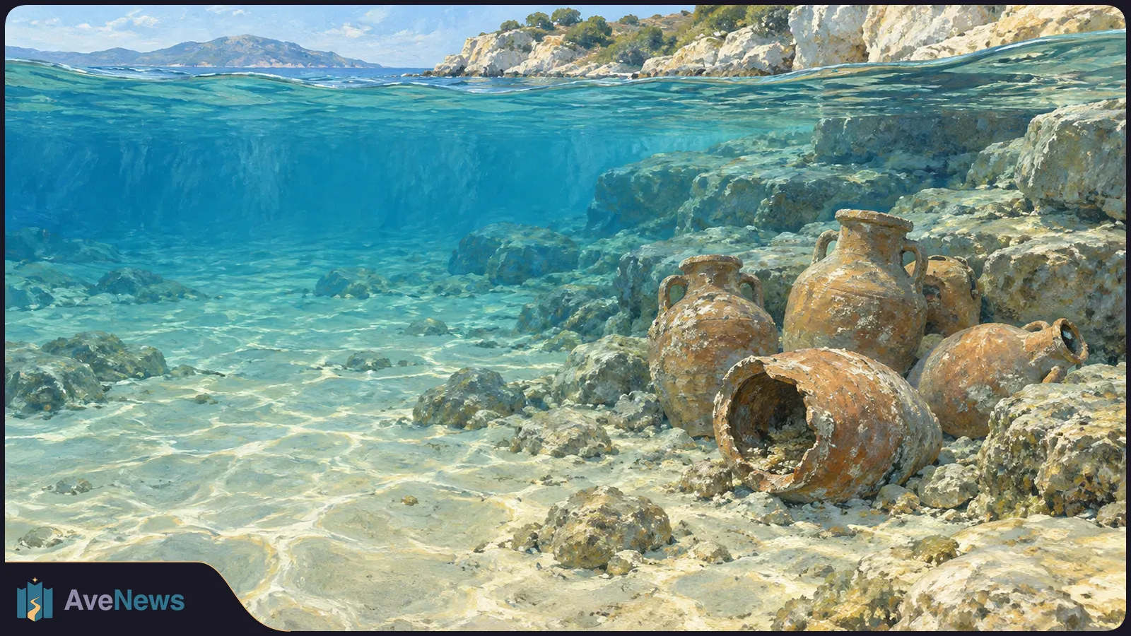 Painted coastal scene showing several weathered clay jars among rocks on a clear seabed, with a rocky shore beyond the water. SI illustration
