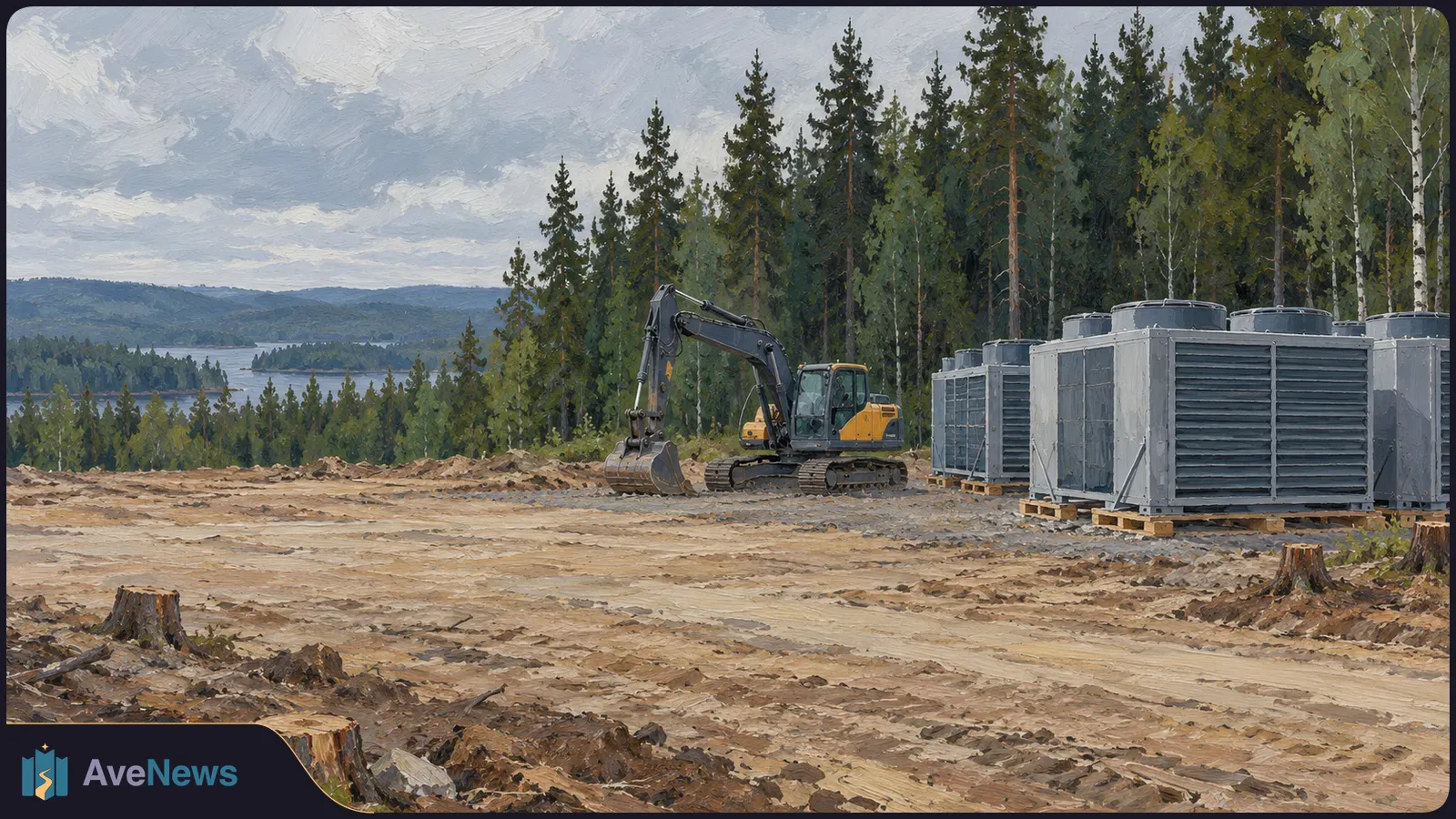 Painted view of a cleared forest site with stumps, an excavator and large grey cooling units. Trees, a lake and hills lie beyond. SI illustration